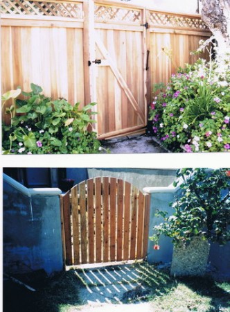 redwood fence and radiused gate